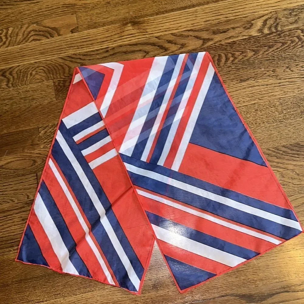 Vintage mid century semi sheer red, white & blue‎ polyester scarf
